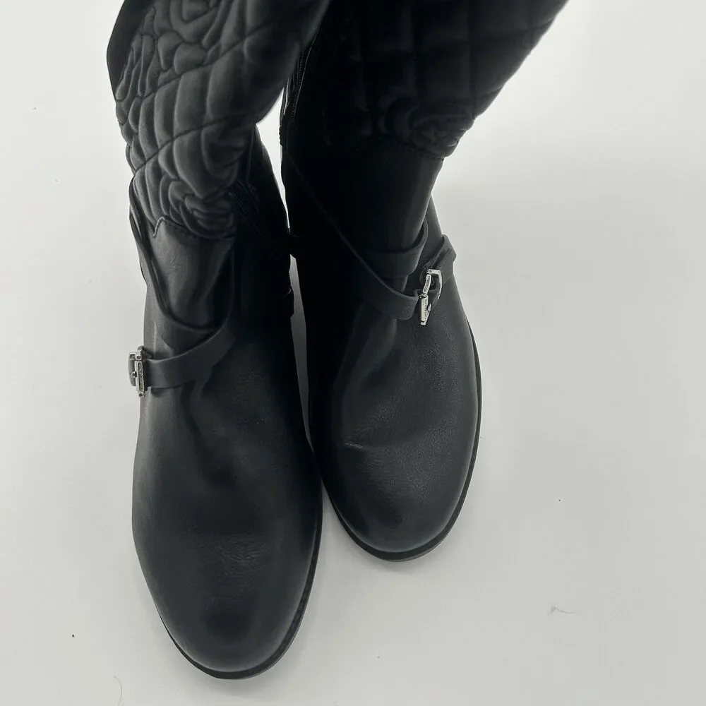 Vince Camuto Girls Black Quilted Floral Knee High Boots Buckle Size 3 Preowned